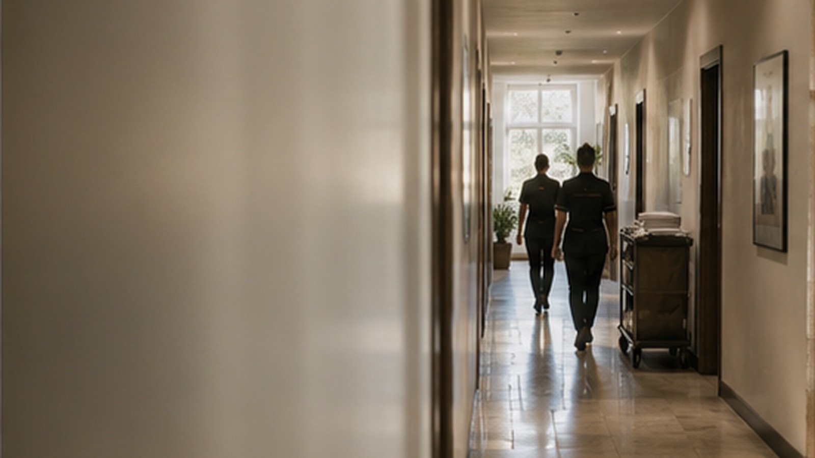 Hotel staff walking down a service corridor at the start of a shift